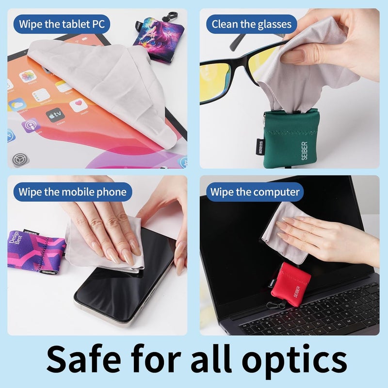 SEIBER Eyeglass Cleaning Microfiber Cloth - with Neoprene Pouch | 7 x 7 inch Glasses Cleaning Cloth for Sunglasses,Laptops, Cameras,Screen | Self-Closing Bottom(2PCS,OR GRN) - Image 3